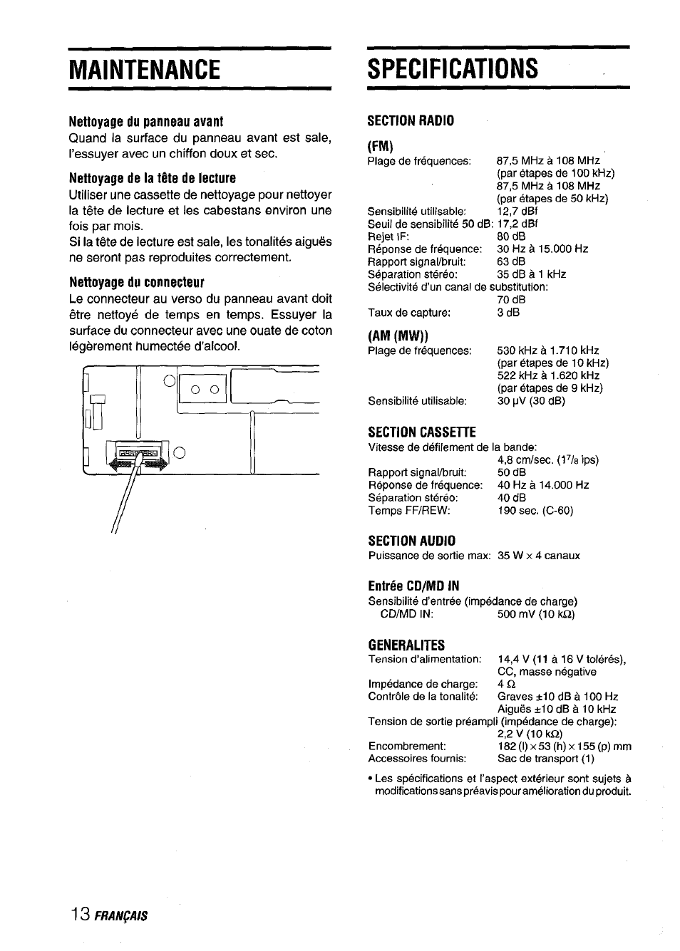 Maintenance, Specifications, Nettoyage du panneau avant | Section radio (fm), Section cassehe, Section audio, Maintenance specifications, Nettoyage de la tête de lecture, Nettoyage du connecteur, Am (mw)) | Aiwa CT-X409 User Manual | Page 42 / 44