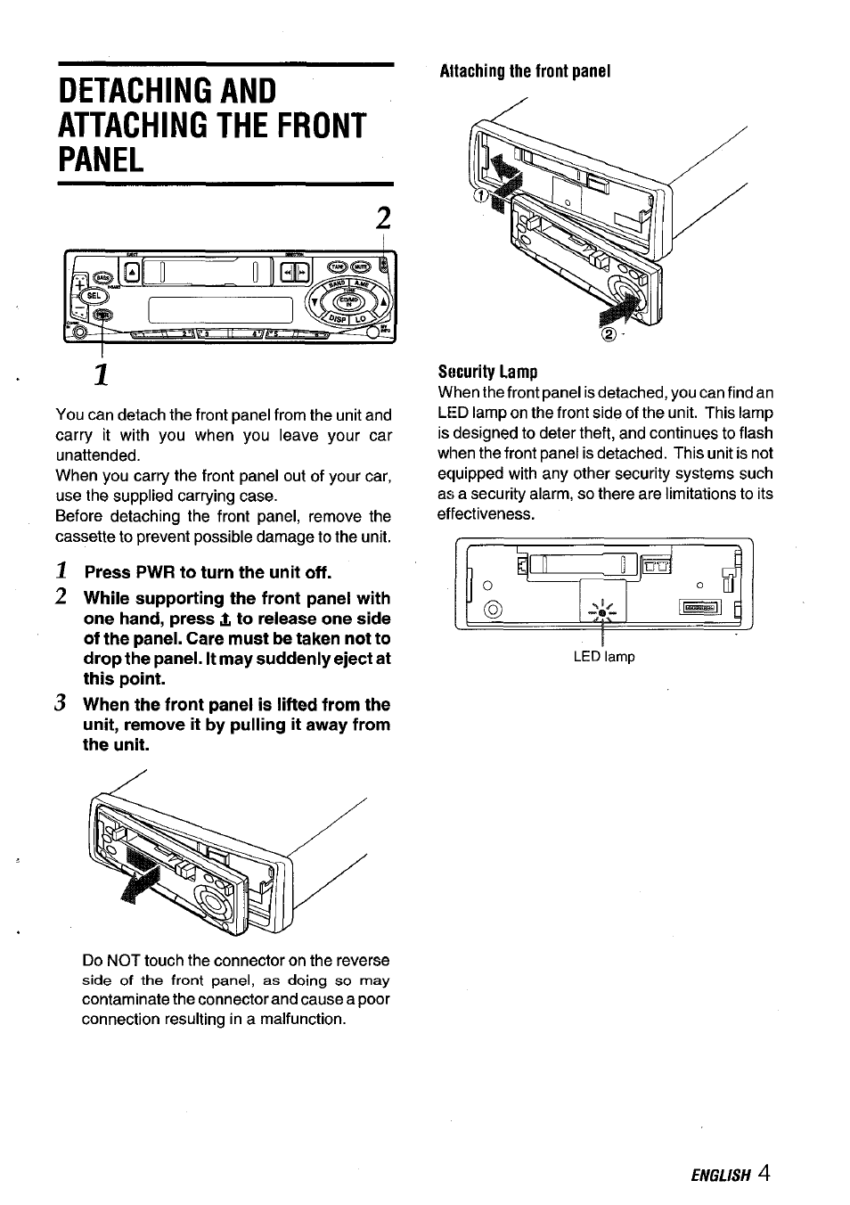 Detaching and attaching the front panel, Attaching the front panel, 1 press pwr to turn the unit off | Security lamp | Aiwa CT-X409 User Manual | Page 5 / 44