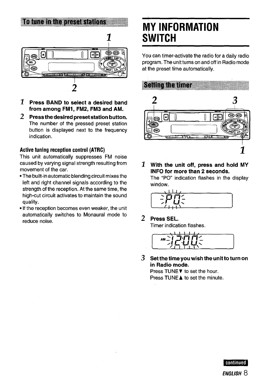 2 press the desired preset station button, Active tuning reception control (atrc), My information switch | Setting the timer, 2 press sel, Setting the beep tone | Aiwa CT-X409 User Manual | Page 9 / 44