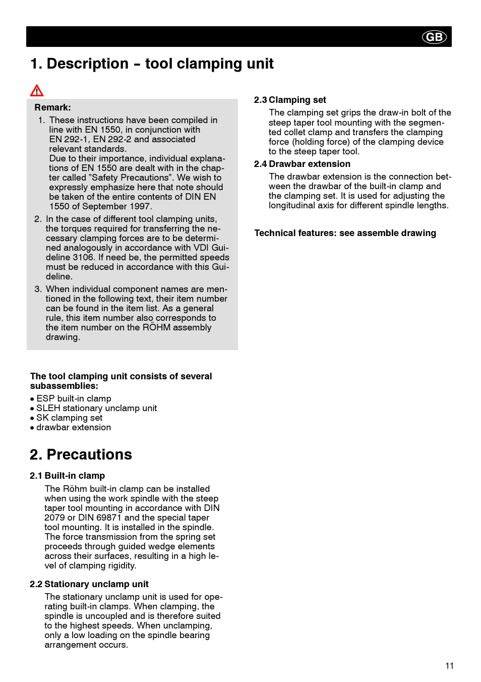 Description -- tool clamping unit, Precautions | ROHM Tool clamping units User Manual | Page 11 / 40