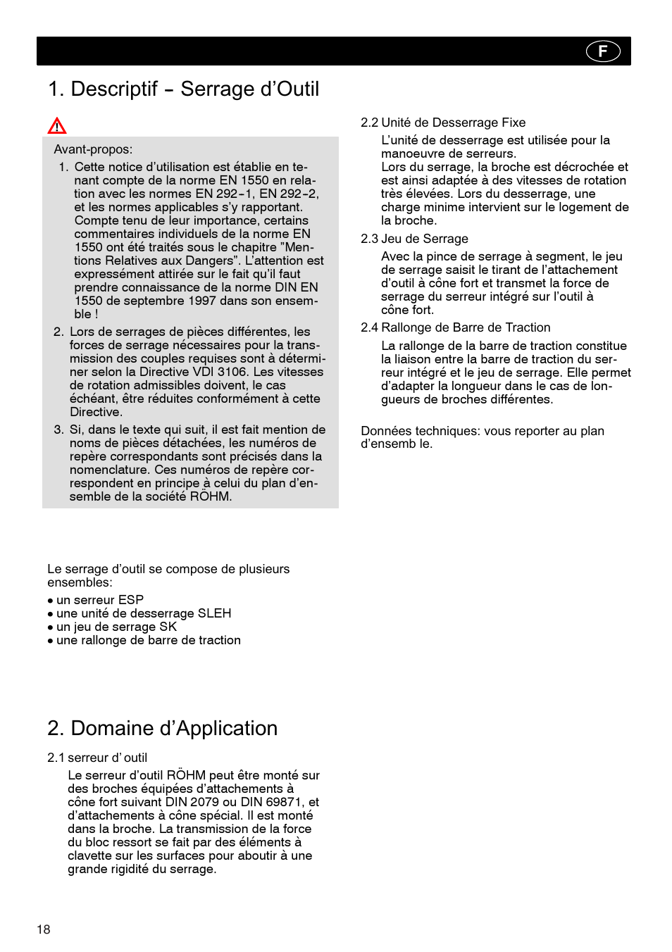 Descriptif -- serrage d’outil, Domaine d’application | ROHM Tool clamping units User Manual | Page 18 / 40