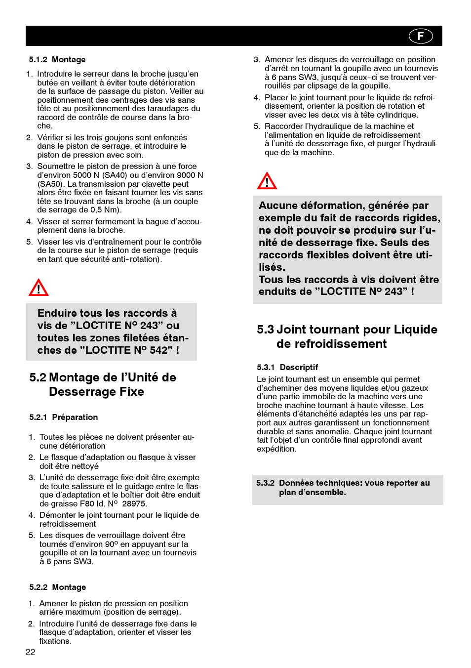 2 montage de l’unité de desserrage fixe, 3 joint tournant pour liquide de refroidissement, Enduire tous les raccords à vis de ”loctite n | ROHM Tool clamping units User Manual | Page 22 / 40