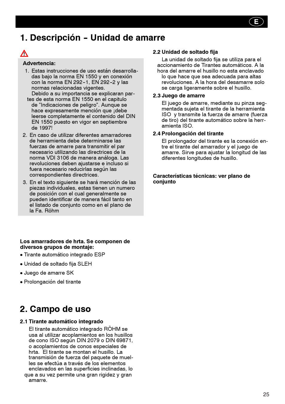 Descripción -- unidad de amarre, Campo de uso | ROHM Tool clamping units User Manual | Page 25 / 40