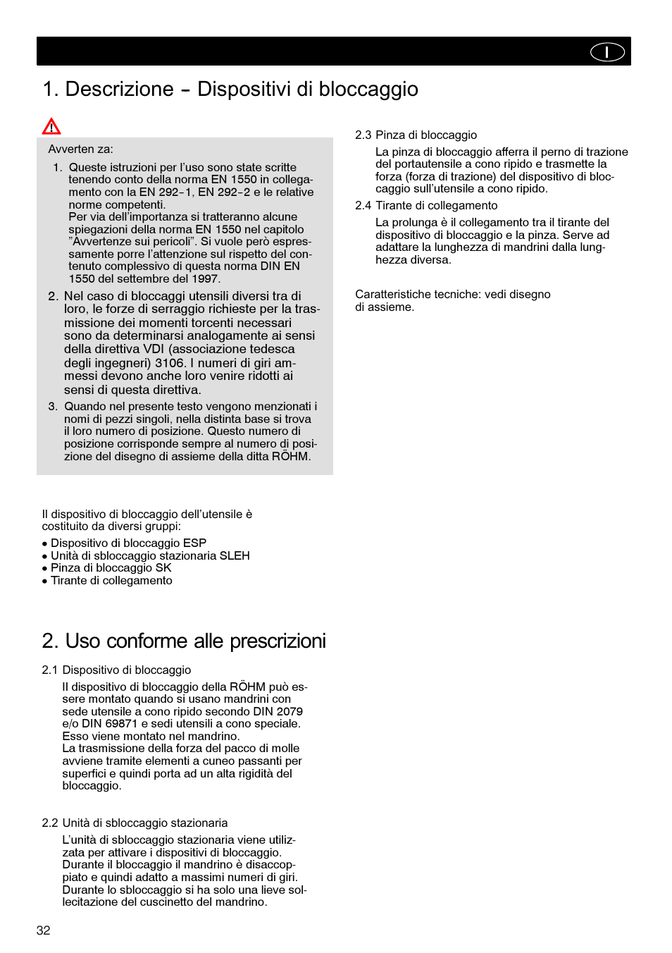 Descrizione -- dispositivi di bloccaggio, Uso conforme alle prescrizioni | ROHM Tool clamping units User Manual | Page 32 / 40