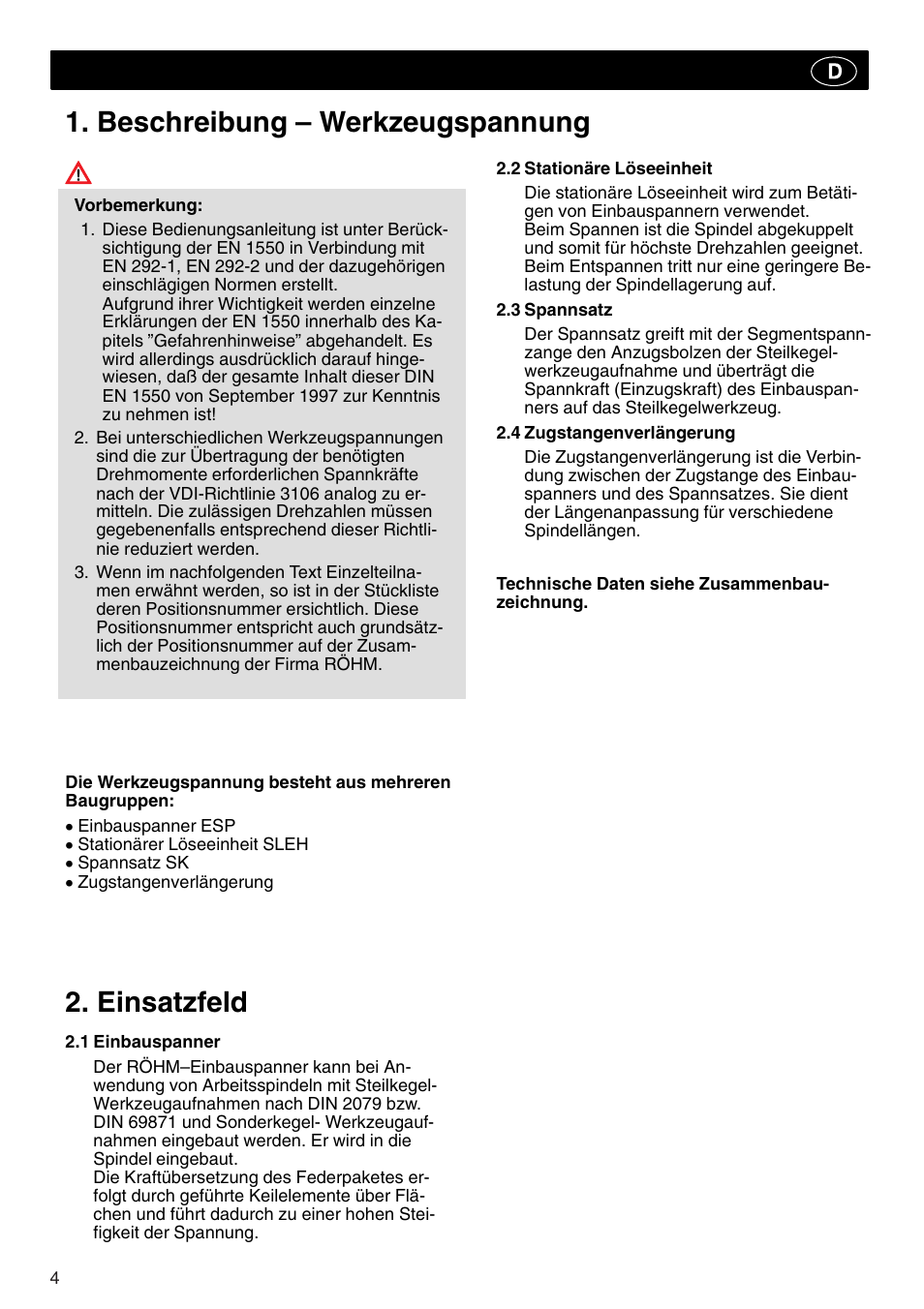 Beschreibung – werkzeugspannung, Einsatzfeld | ROHM Tool clamping units User Manual | Page 4 / 40
