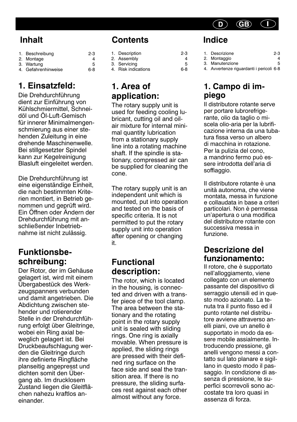 Inhalt contents indice, Einsatzfeld, Funktionsbe- schreibung | Area of application, Functional description, Campo di im- piego, Descrizione del funzionamento | ROHM Turning Performance User Manual | Page 2 / 8