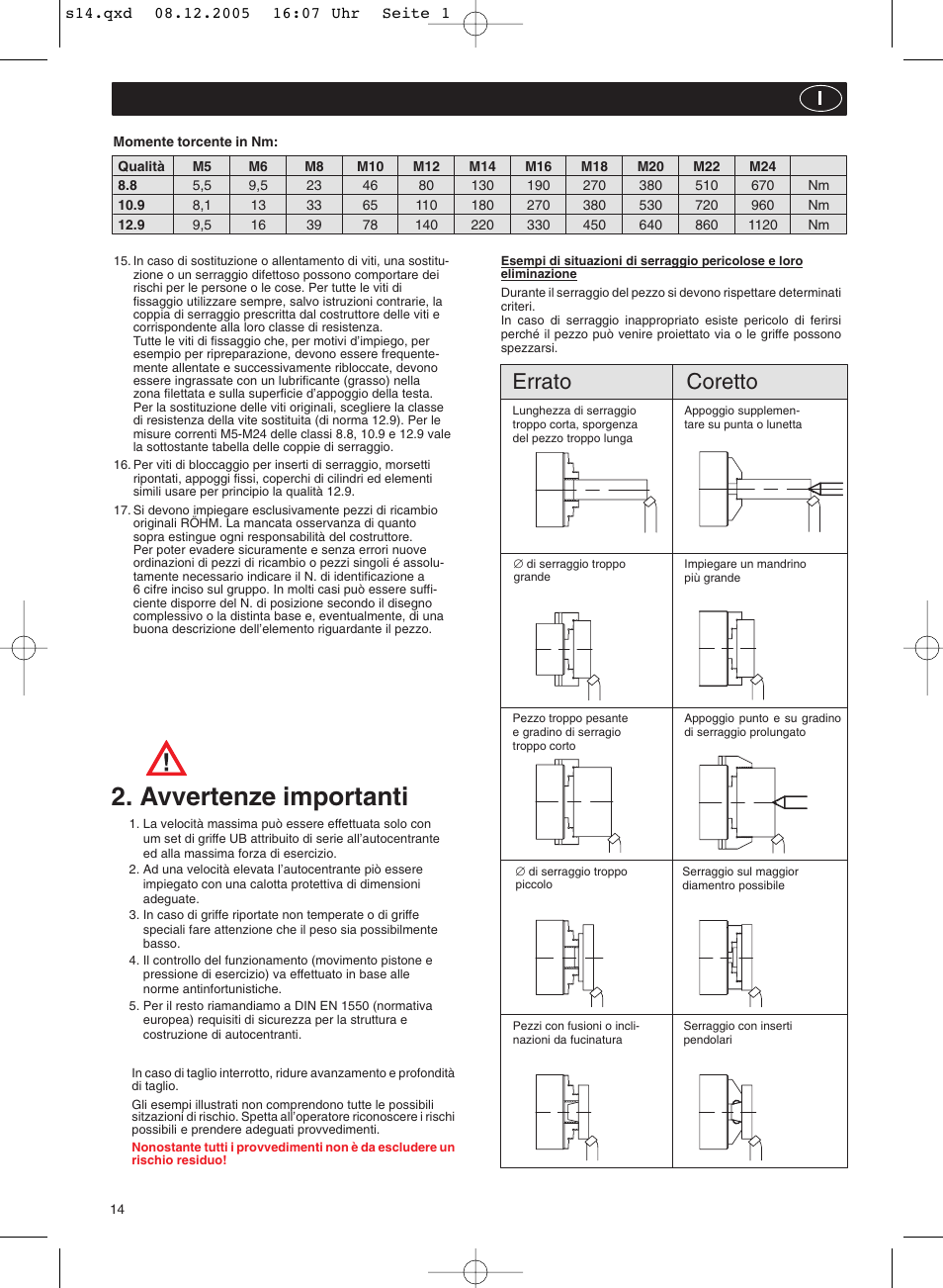 Avvertenze importanti, Errato coretto | ROHM ZFM - Power-operated draw bar chucks User Manual | Page 14 / 20