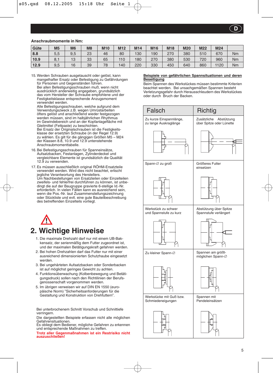 Wichtige hinweise, Falsch richtig | ROHM ZFM - Power-operated draw bar chucks User Manual | Page 5 / 20