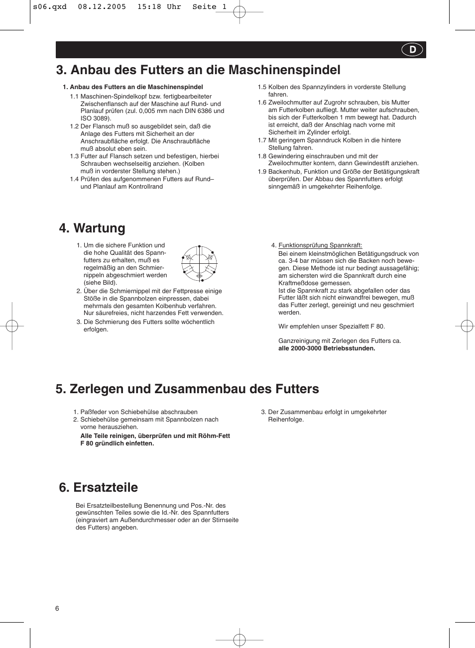 Anbau des futters an die maschinenspindel, Zerlegen und zusammenbau des futters 4. wartung, Ersatzteile | ROHM ZFM - Power-operated draw bar chucks User Manual | Page 6 / 20