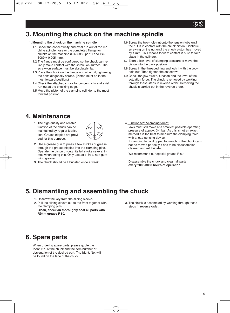 Mounting the chuck on the machine spindle, Maintenance | ROHM ZFM - Power-operated draw bar chucks User Manual | Page 9 / 20