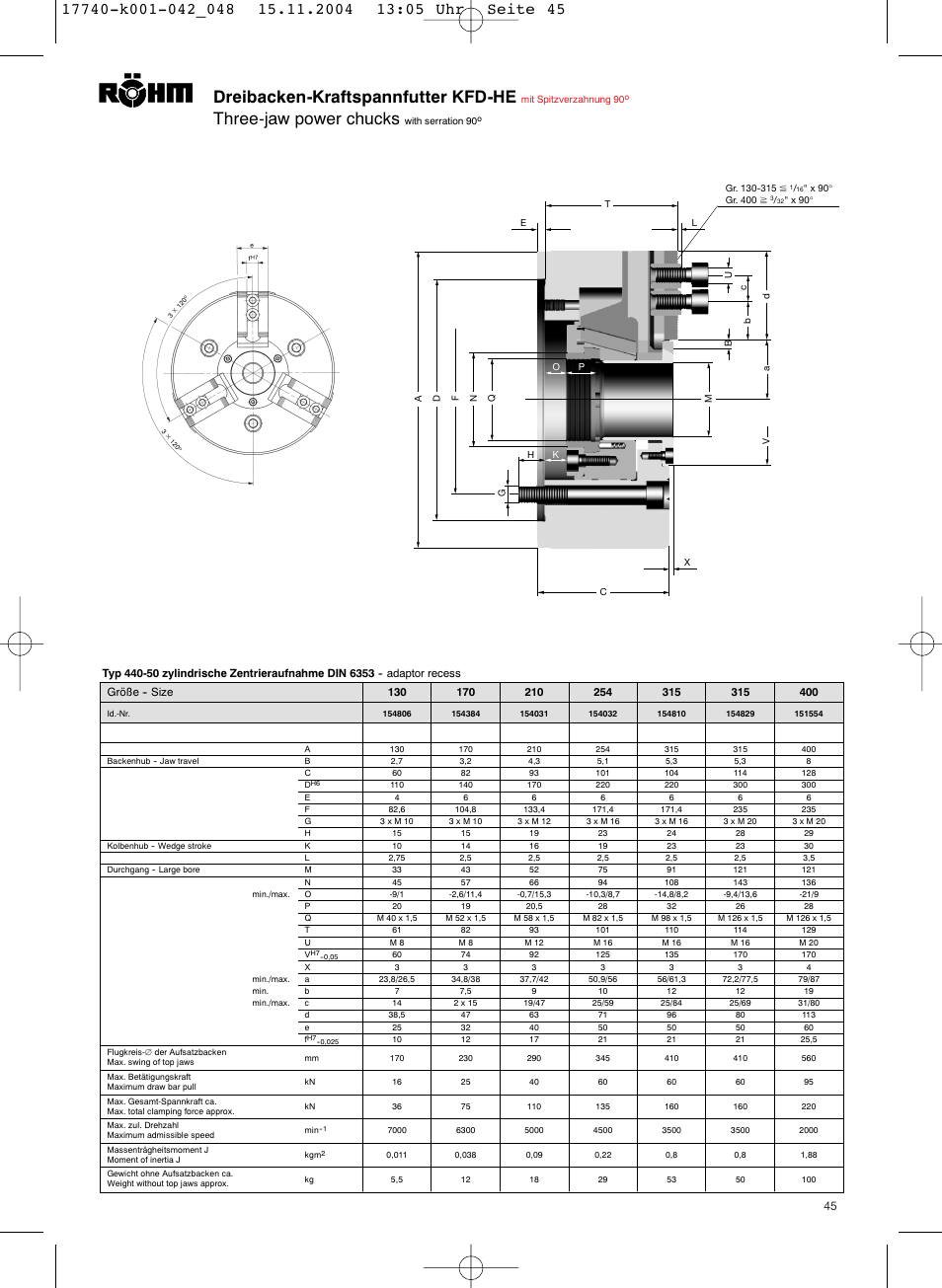 Dreibacken-kraftspannfutter kfd-he, Three-jawpower chucks | ROHM KFD-HE - Power chucks with through-hole User Manual | Page 45 / 47