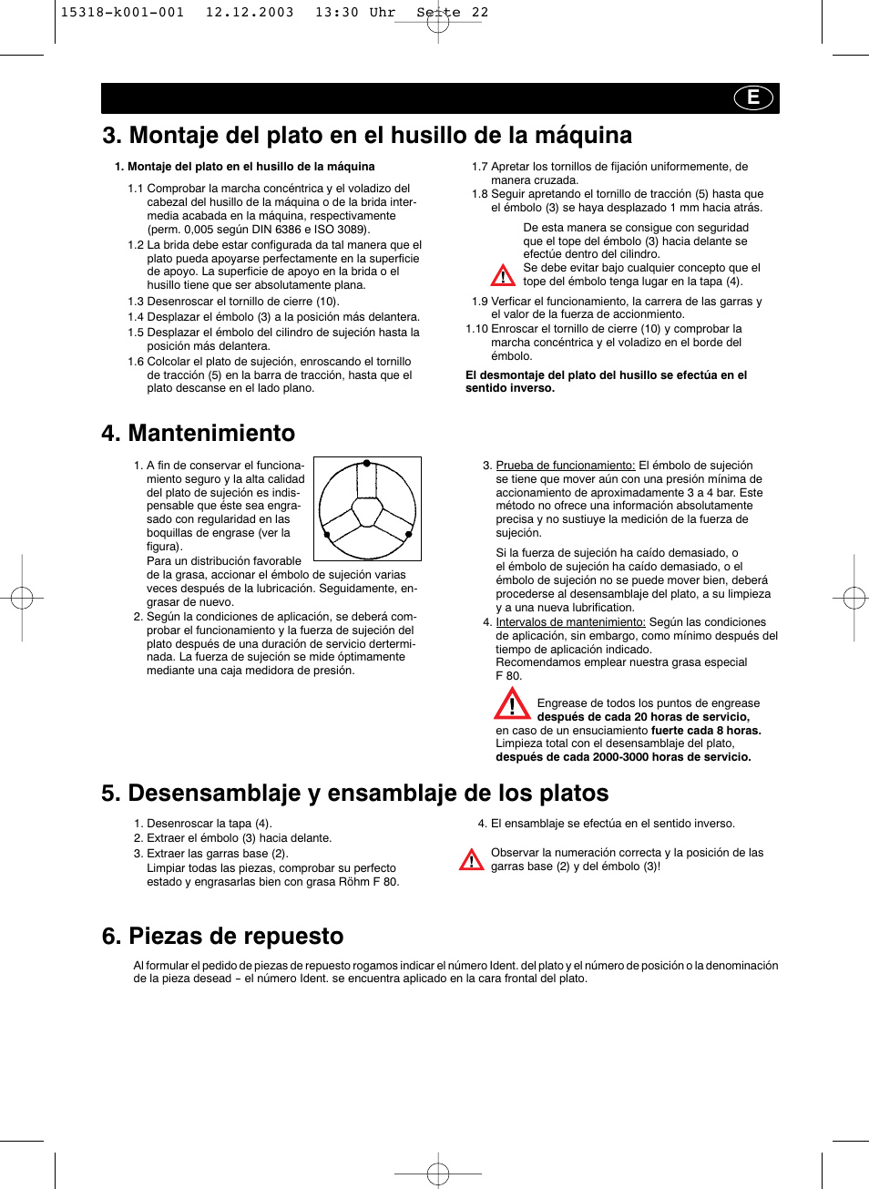 Montaje del plato en el husillo de la máquina, Mantenimiento | ROHM KFD-AF - Power-operated compensating chucks User Manual | Page 16 / 19