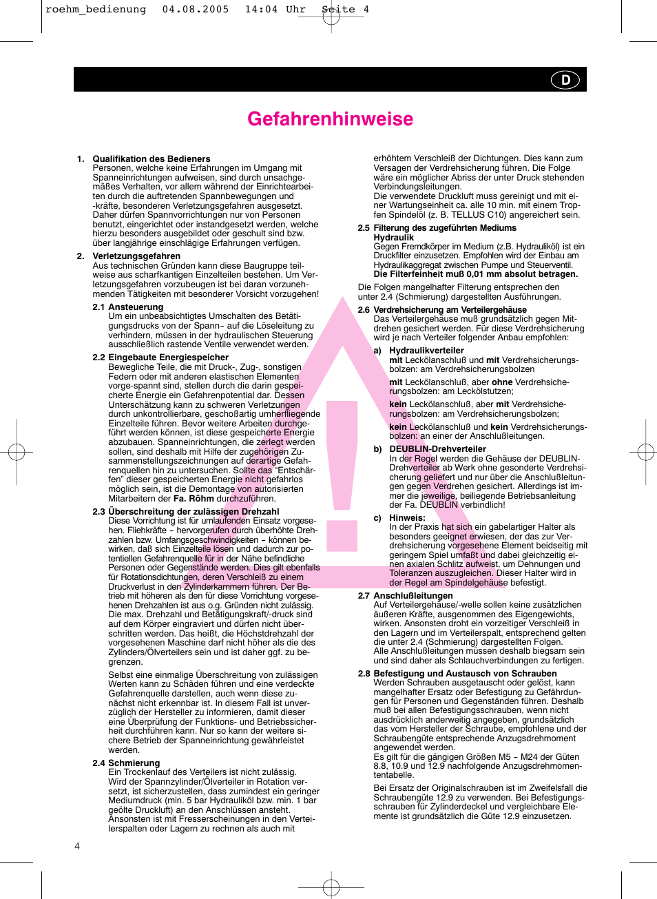 Gefahrenhinweise | ROHM OVUSHH - hydraulic operated duble piston cylinders User Manual | Page 4 / 40