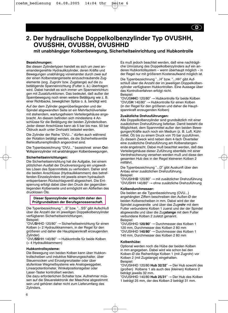 ROHM OVUSHH - hydraulic operated duble piston cylinders User Manual | Page 6 / 40
