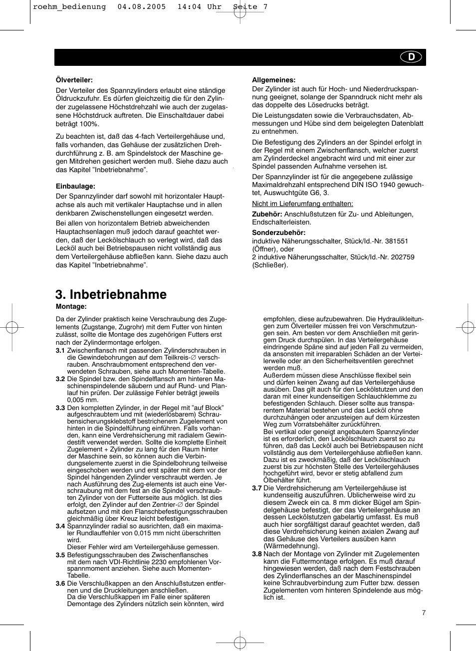 Inbetriebnahme | ROHM OVUSHH - hydraulic operated duble piston cylinders User Manual | Page 7 / 40