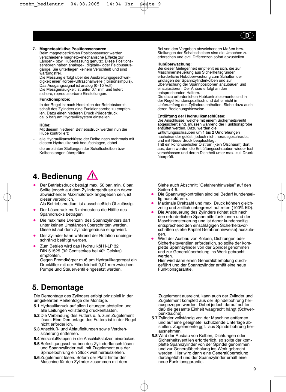 Bedienung, Demontage | ROHM OVUSHH - hydraulic operated duble piston cylinders User Manual | Page 9 / 40