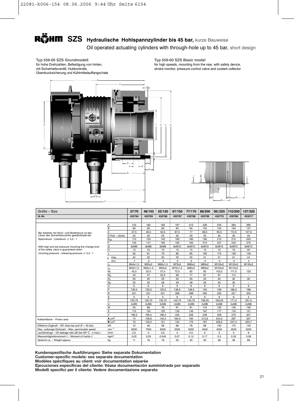 Hydraulische hohlspannzylinder bis 45 bar, Kurze bauweise, Short design | ROHM SZS - oil-operated cylinders User Manual | Page 21 / 24