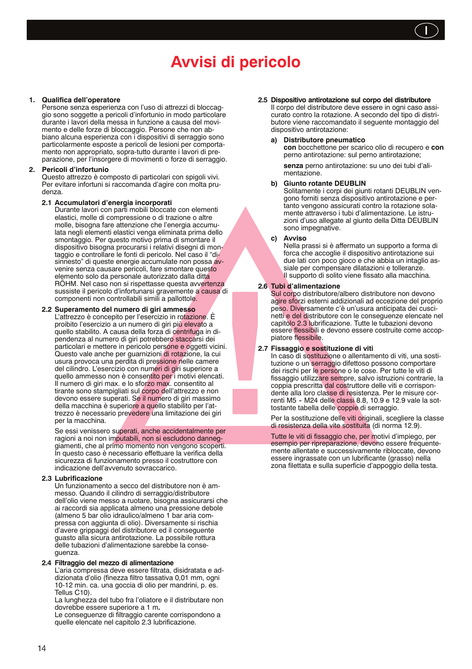 Avvisi di pericolo | ROHM LVS / LV / LT / LTS - Air-actuating cylinders User Manual | Page 14 / 28