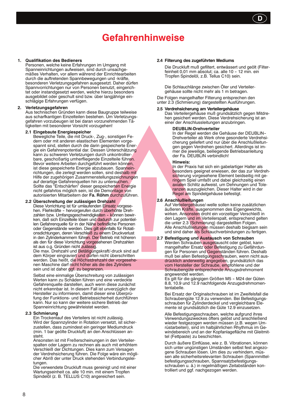 Gefahrenhinweise | ROHM LVS / LV / LT / LTS - Air-actuating cylinders User Manual | Page 8 / 28