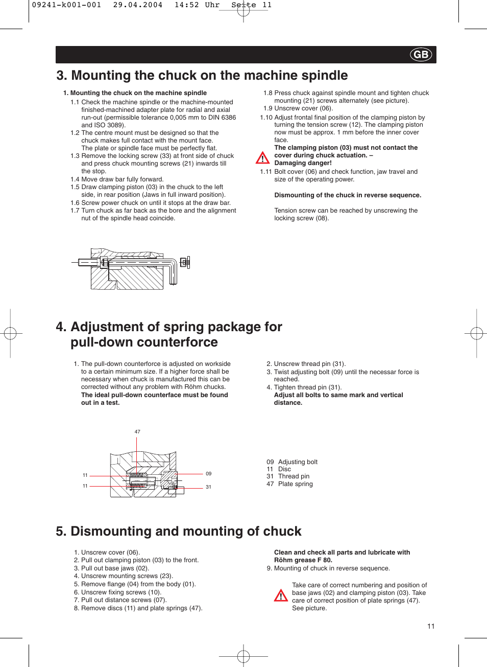 Mounting the chuck on the machine spindle, Dismounting and mounting of chuck | ROHM KFD-N - Draw-down power chucks User Manual | Page 11 / 30