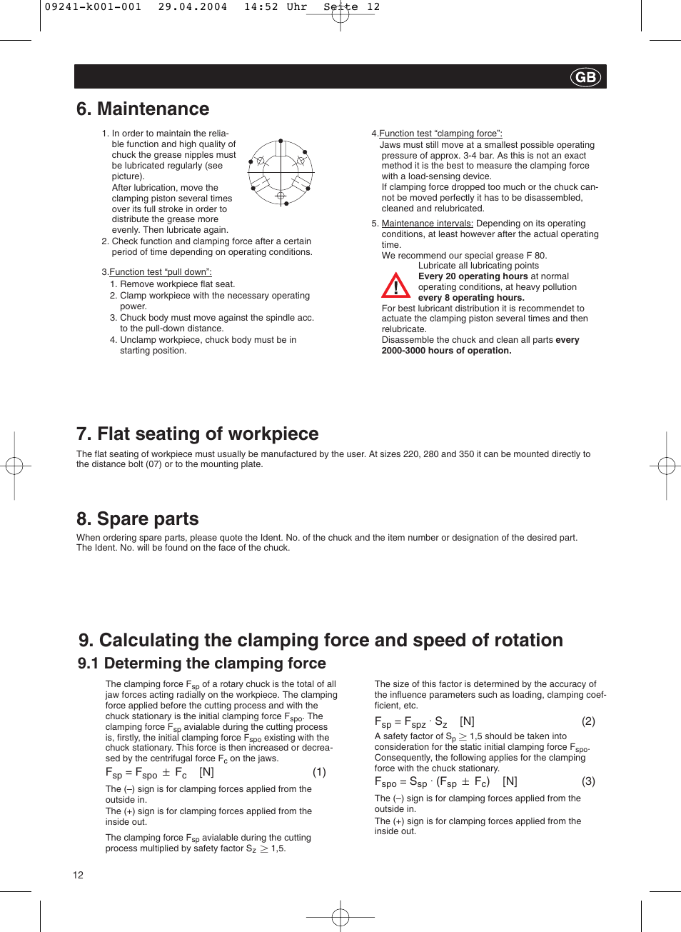 Maintenance, Flat seating of workpiece, Spare parts | 1 determing the clamping force | ROHM KFD-N - Draw-down power chucks User Manual | Page 12 / 30