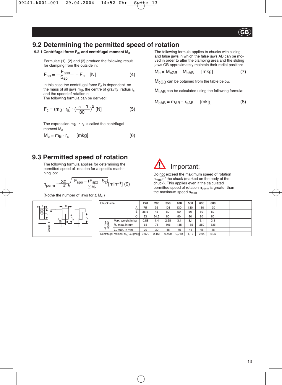 3 permitted speed of rotation, 2 determining the permitted speed of rotation, Important | N] (4), N] (5), Mkg] (6), Mkg] (7) m, Mkg] (8) f, 30 p | ROHM KFD-N - Draw-down power chucks User Manual | Page 13 / 30