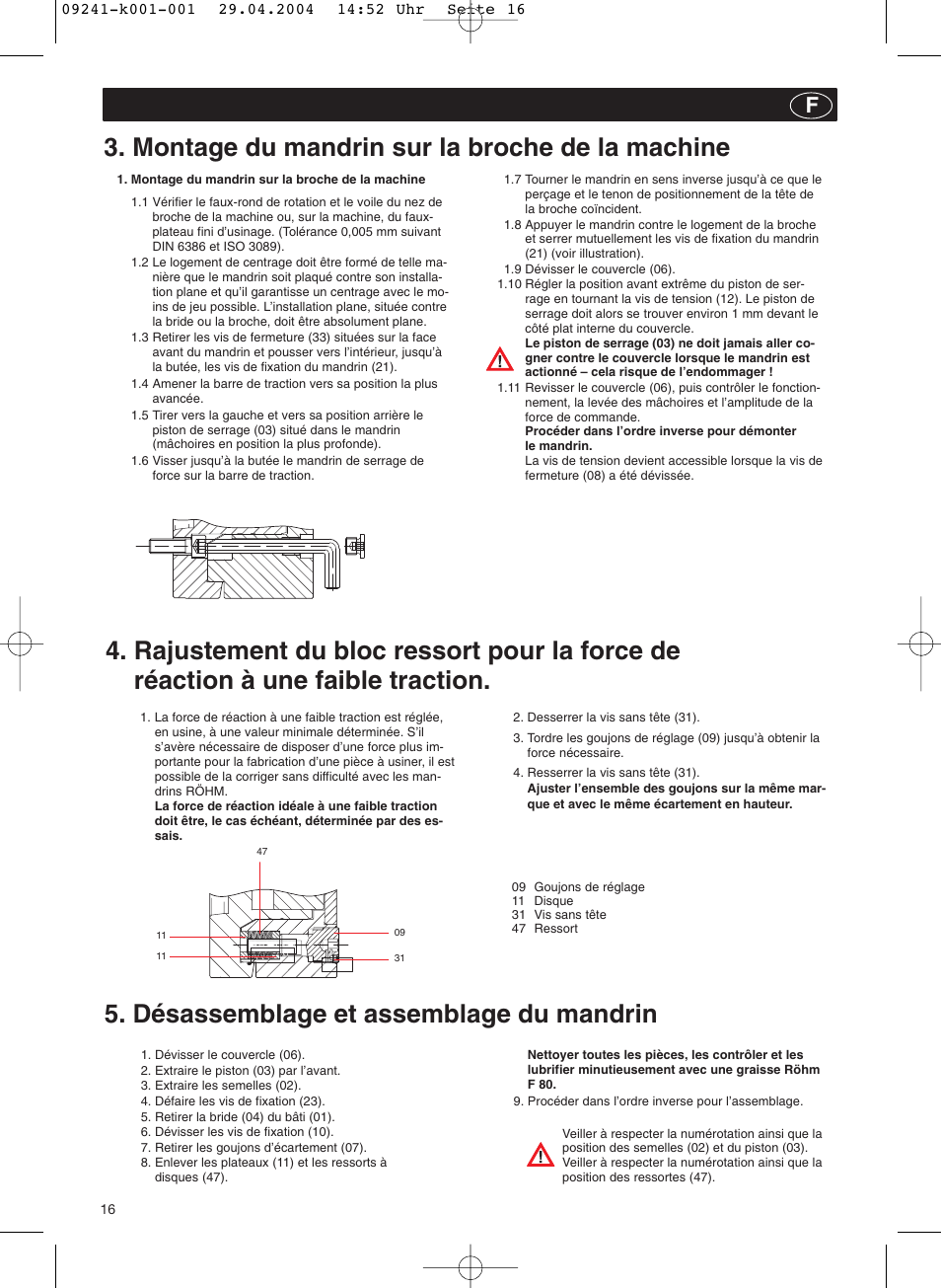 Montage du mandrin sur la broche de la machine, Désassemblage et assemblage du mandrin | ROHM KFD-N - Draw-down power chucks User Manual | Page 16 / 30