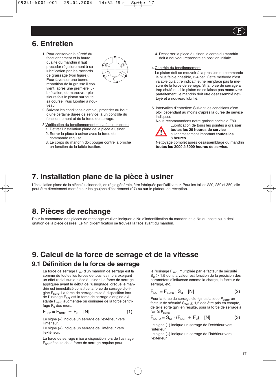 Entretien, Installation plane de la pièce à usiner, Pièces de rechange | Calcul de la force de serrage et de la vitesse, 1 définition de la force de serrage f | ROHM KFD-N - Draw-down power chucks User Manual | Page 17 / 30