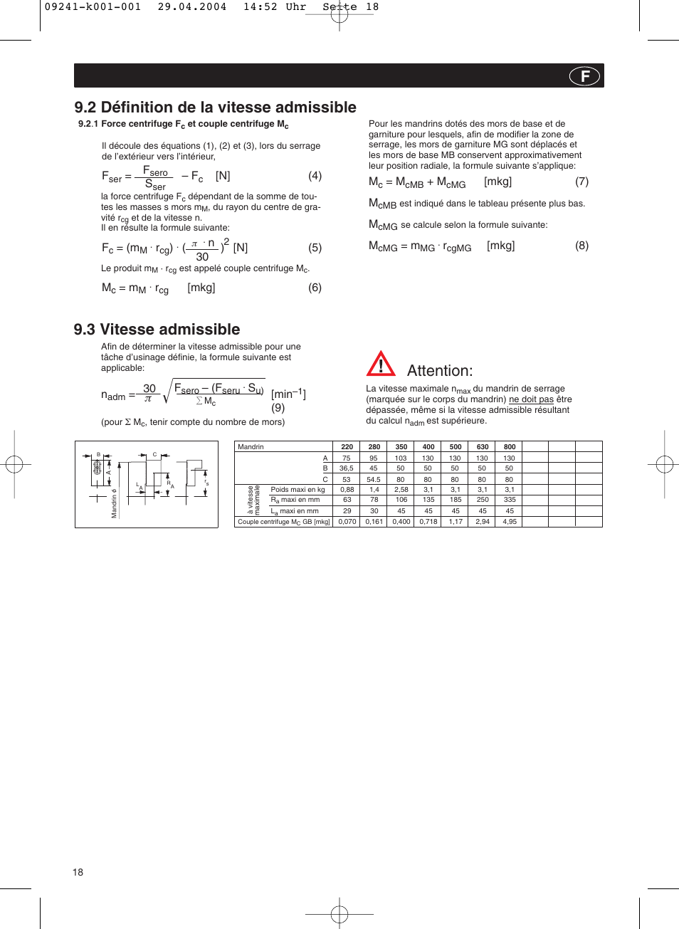 3 vitesse admissible, 2 définition de la vitesse admissible, Attention | N] (4), N] (5), Mkg] (6), Mkg] (7) m, Mkg] (8) f, 30 p | ROHM KFD-N - Draw-down power chucks User Manual | Page 18 / 30