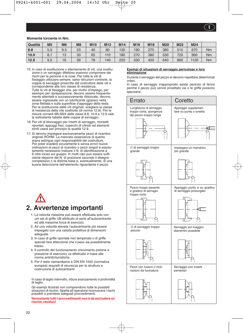 Avvertenze importanti, Errato coretto | ROHM KFD-N - Draw-down power chucks User Manual | Page 20 / 30