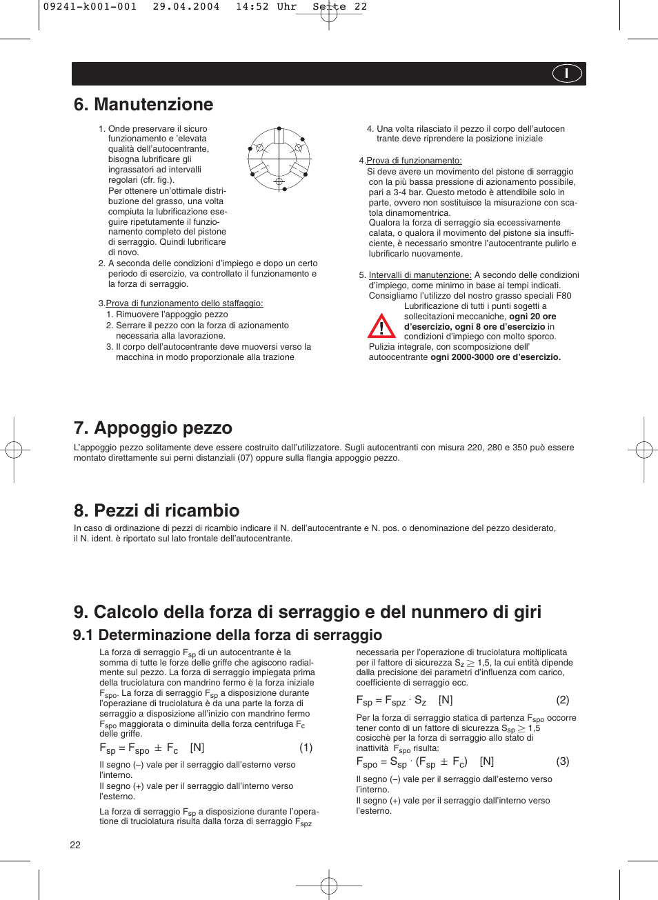 Manutenzione, Appoggio pezzo, Pezzi di ricambio | 1 determinazione della forza di serraggio | ROHM KFD-N - Draw-down power chucks User Manual | Page 22 / 30