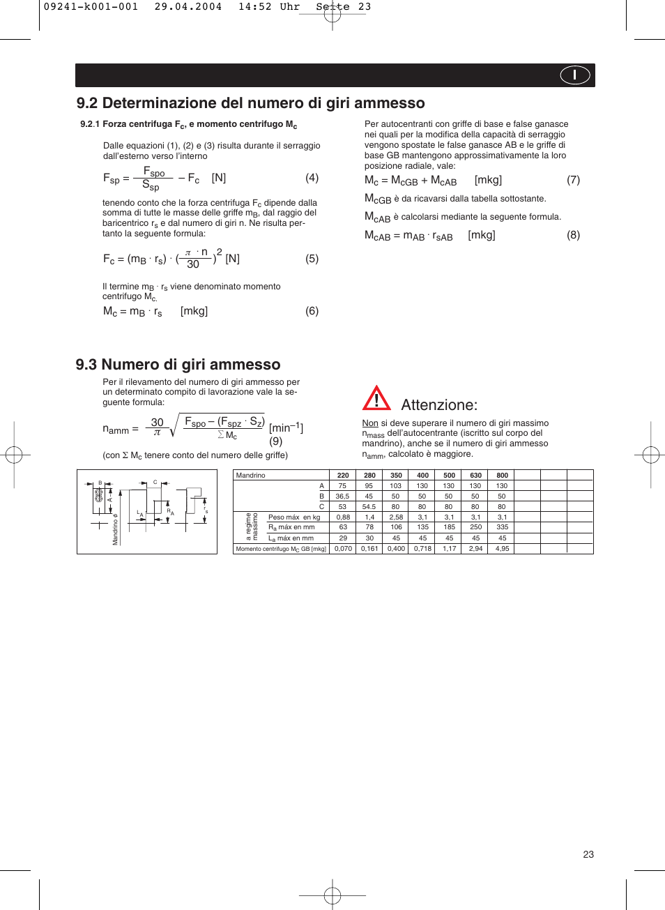 3 numero di giri ammesso, 2 determinazione del numero di giri ammesso, Attenzione | N] (4), N] (5), Mkg] (6), Mkg] (7) m, Mkg] (8) f, 30 p | ROHM KFD-N - Draw-down power chucks User Manual | Page 23 / 30