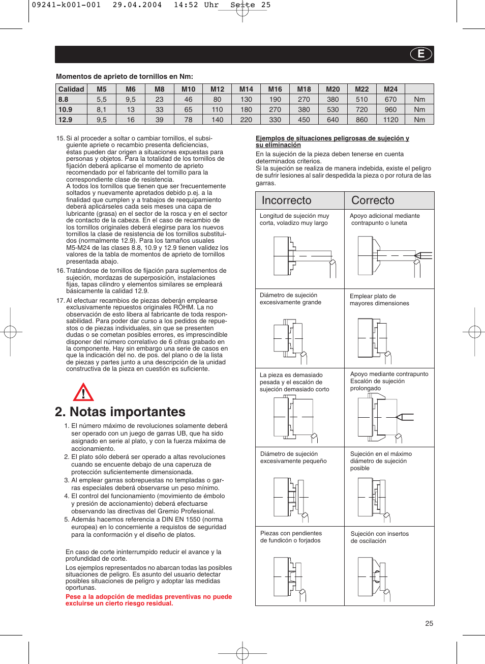 Notas importantes, Incorrecto correcto | ROHM KFD-N - Draw-down power chucks User Manual | Page 25 / 30