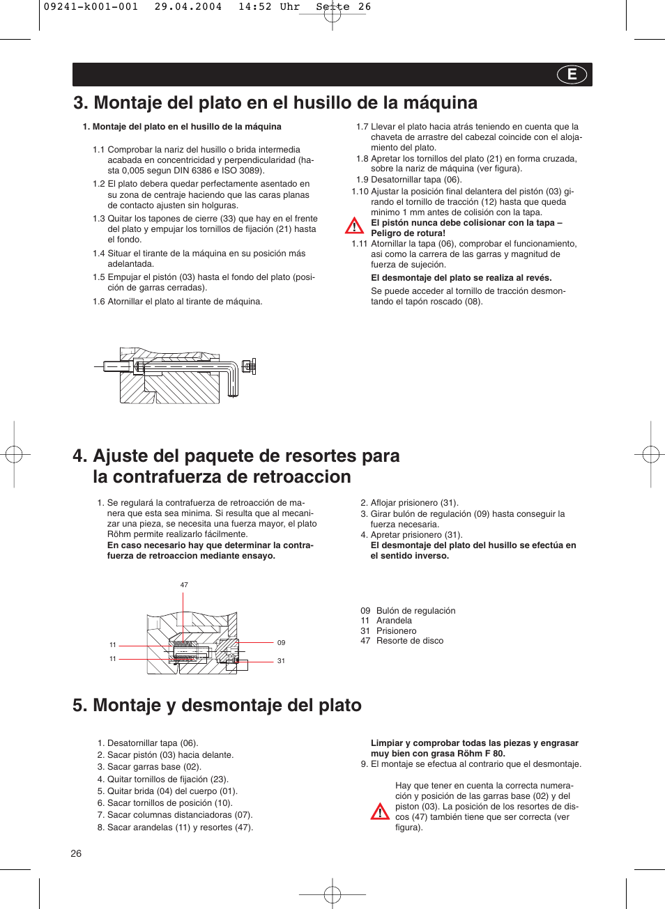 Montaje del plato en el husillo de la máquina, Montaje y desmontaje del plato | ROHM KFD-N - Draw-down power chucks User Manual | Page 26 / 30