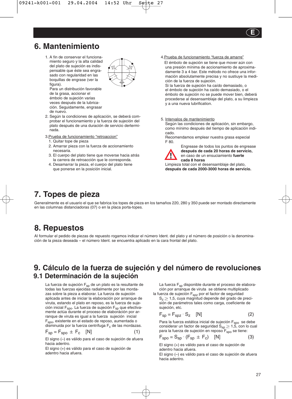 Mantenimiento, Topes de pieza, Repuestos | 1 determinación de la sujeción e | ROHM KFD-N - Draw-down power chucks User Manual | Page 27 / 30