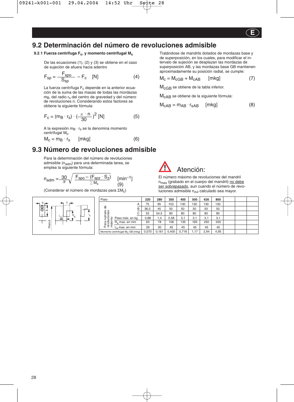 E9.3 número de revoluciones admisible, Atención, N] (4) | N] (5), Mkg] (6), Mkg] (7) m, Mkg] (8) f, 30 p | ROHM KFD-N - Draw-down power chucks User Manual | Page 28 / 30