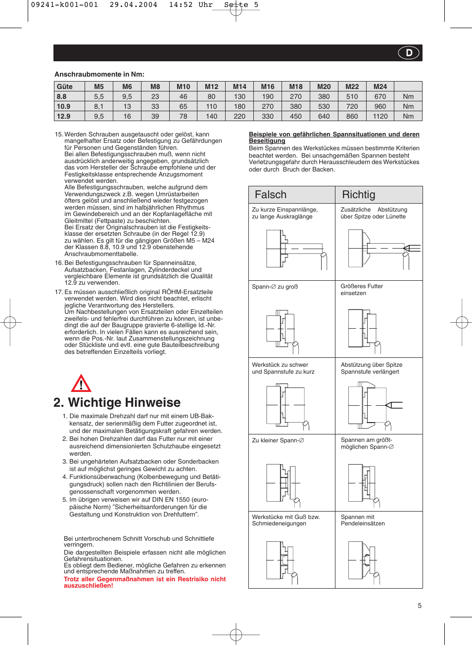 Wichtige hinweise, Falsch richtig | ROHM KFD-N - Draw-down power chucks User Manual | Page 5 / 30