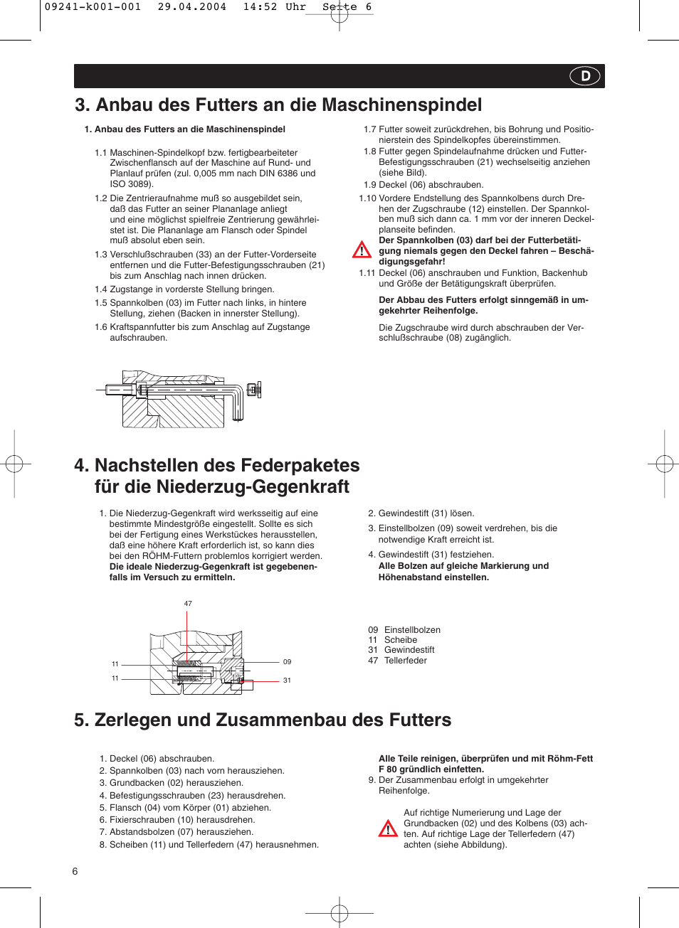 Anbau des futters an die maschinenspindel, Zerlegen und zusammenbau des futters | ROHM KFD-N - Draw-down power chucks User Manual | Page 6 / 30