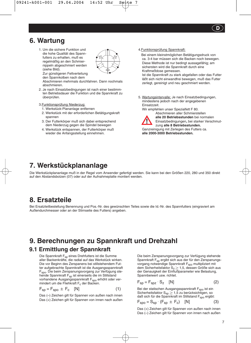 Wartung, Werkstückplananlage, Ersatzteile | Berechnungen zu spannkraft und drehzahl, 1 ermittlung der spannkraft | ROHM KFD-N - Draw-down power chucks User Manual | Page 7 / 30