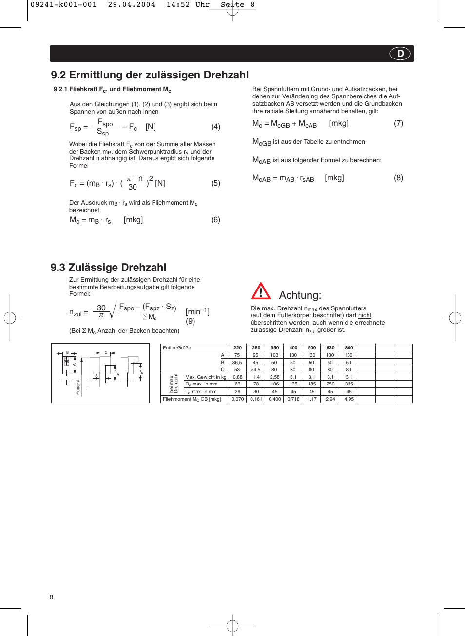 3 zulässige drehzahl, 2 ermittlung der zulässigen drehzahl, Achtung | N] (4), N] (5), Mkg] (6), Mkg] (7) m, Mkg] (8) f, 30 p | ROHM KFD-N - Draw-down power chucks User Manual | Page 8 / 30