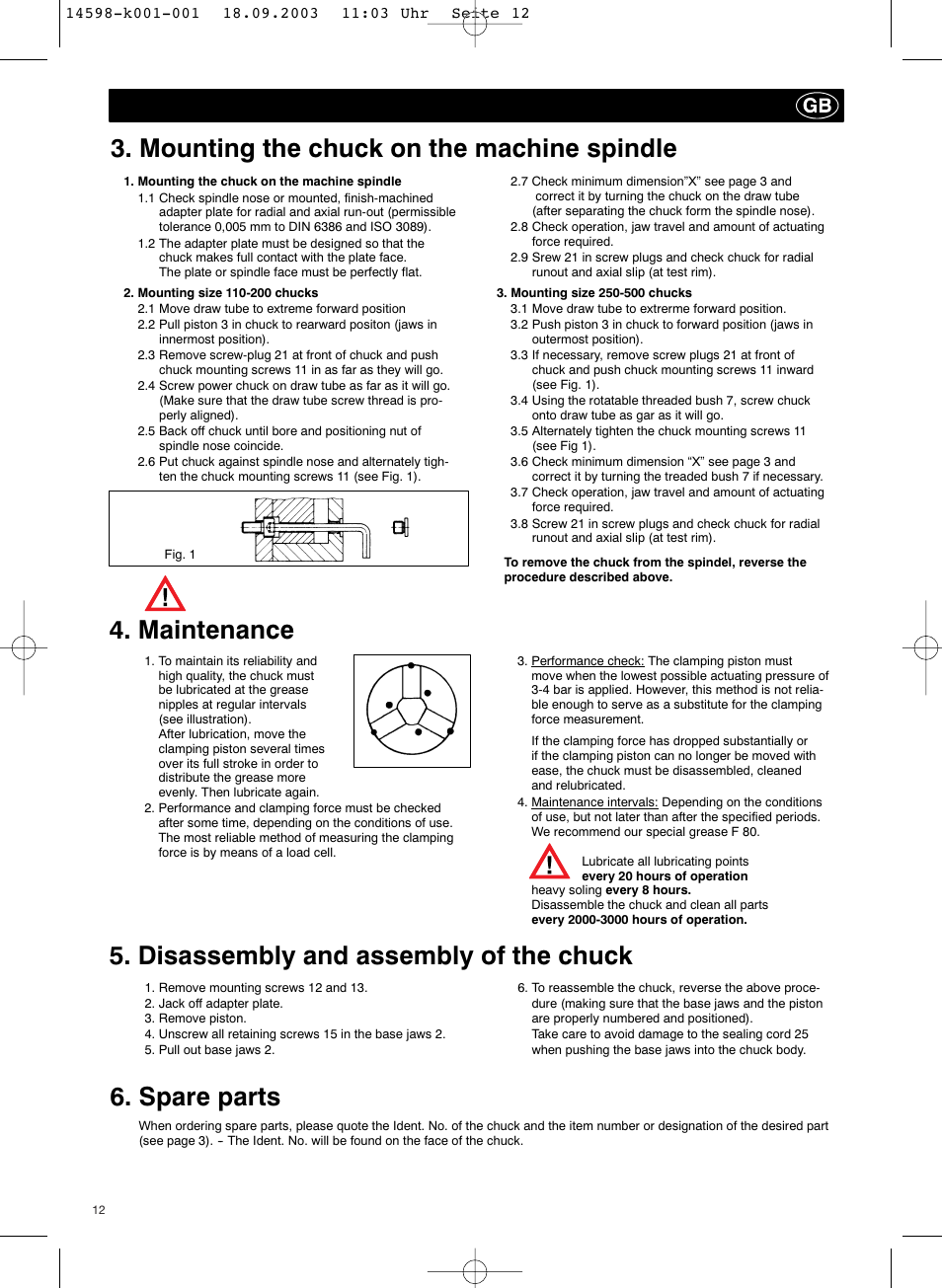 Mounting the chuck on the machine spindle, Maintenance | ROHM KFD-HS - Power chucks with through-hole User Manual | Page 12 / 44