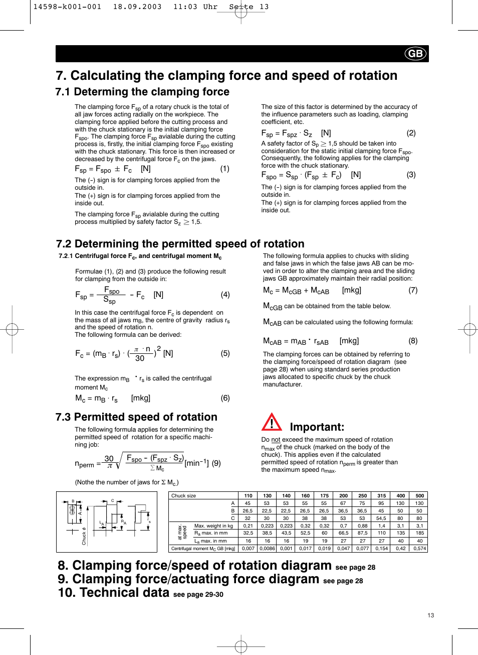 Clamping force/speed of rotation diagram, Technical data, Clamping force/actuating force diagram | 2 determining the permitted speed of rotation, Important | ROHM KFD-HS - Power chucks with through-hole User Manual | Page 13 / 44