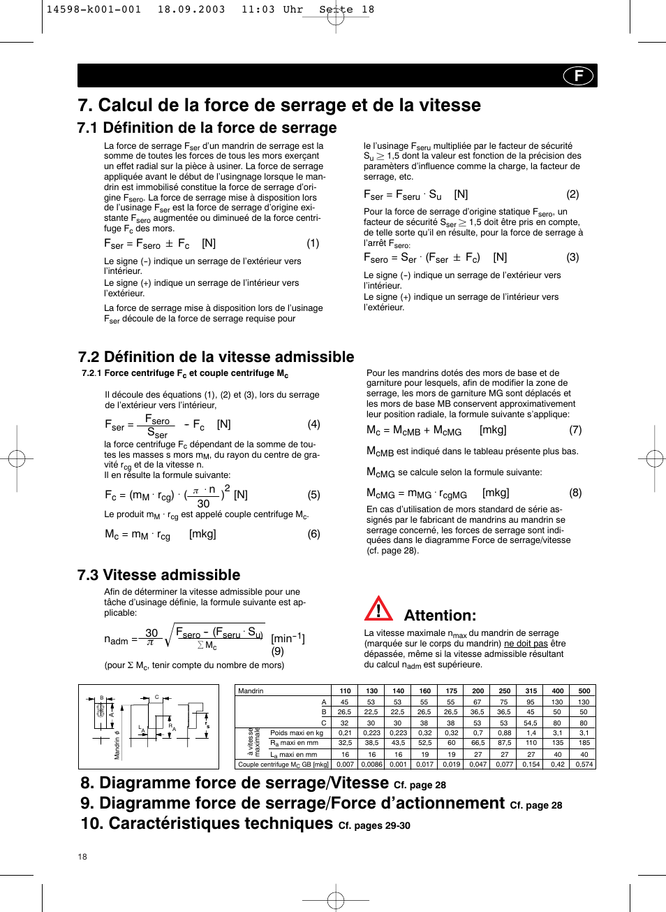 Calcul de la force de serrage et de la vitesse, Diagramme force de serrage/vitesse, Caractéristiques techniques | Diagramme force de serrage/force d’actionnement, 2 définition de la vitesse admissible, Attention | ROHM KFD-HS - Power chucks with through-hole User Manual | Page 18 / 44