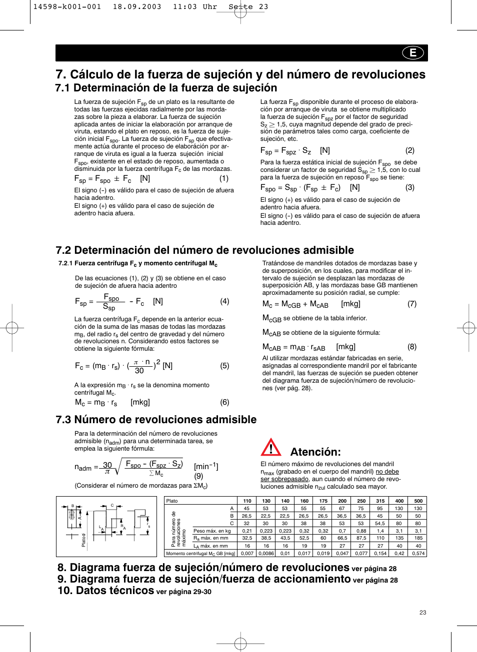 1 determinación de la fuerza de sujeción, Diagrama fuerza de sujeción/número de revoluciones, E7.3 número de revoluciones admisible | Datos técnicos, Atención | ROHM KFD-HS - Power chucks with through-hole User Manual | Page 23 / 44