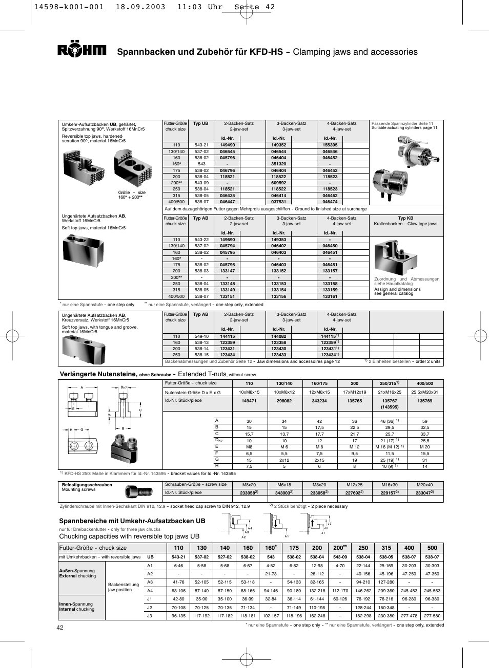 42 verlängerte nutensteine, Extended t-nuts, Spannbereiche mit umkehr-aufsatzbacken ub | Chucking capacities with reversible top jaws ub | ROHM KFD-HS - Power chucks with through-hole User Manual | Page 42 / 44