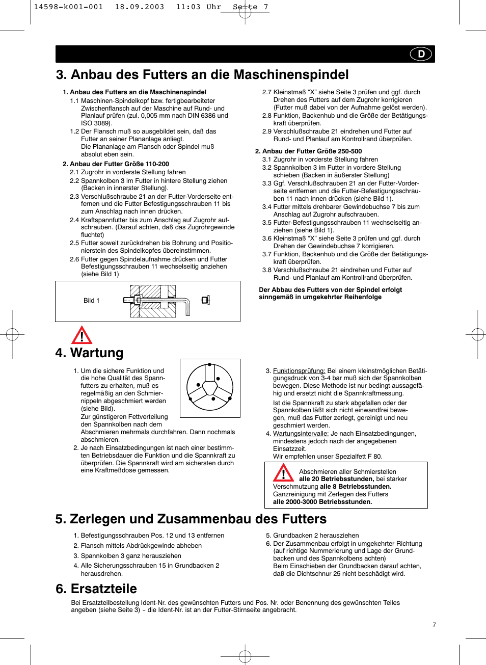 Anbau des futters an die maschinenspindel, Wartung | ROHM KFD-HS - Power chucks with through-hole User Manual | Page 7 / 44