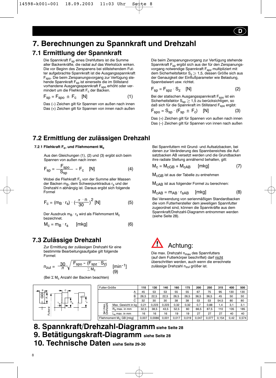 Berechnungen zu spannkraft und drehzahl, Betätigungskraft-diagramm, Technische daten | Spannkraft/drehzahl-diagramm, 3 zulässige drehzahl, 1 ermittlung der spannkraft, 2 ermittlung der zulässigen drehzahl, Achtung | ROHM KFD-HS - Power chucks with through-hole User Manual | Page 8 / 44