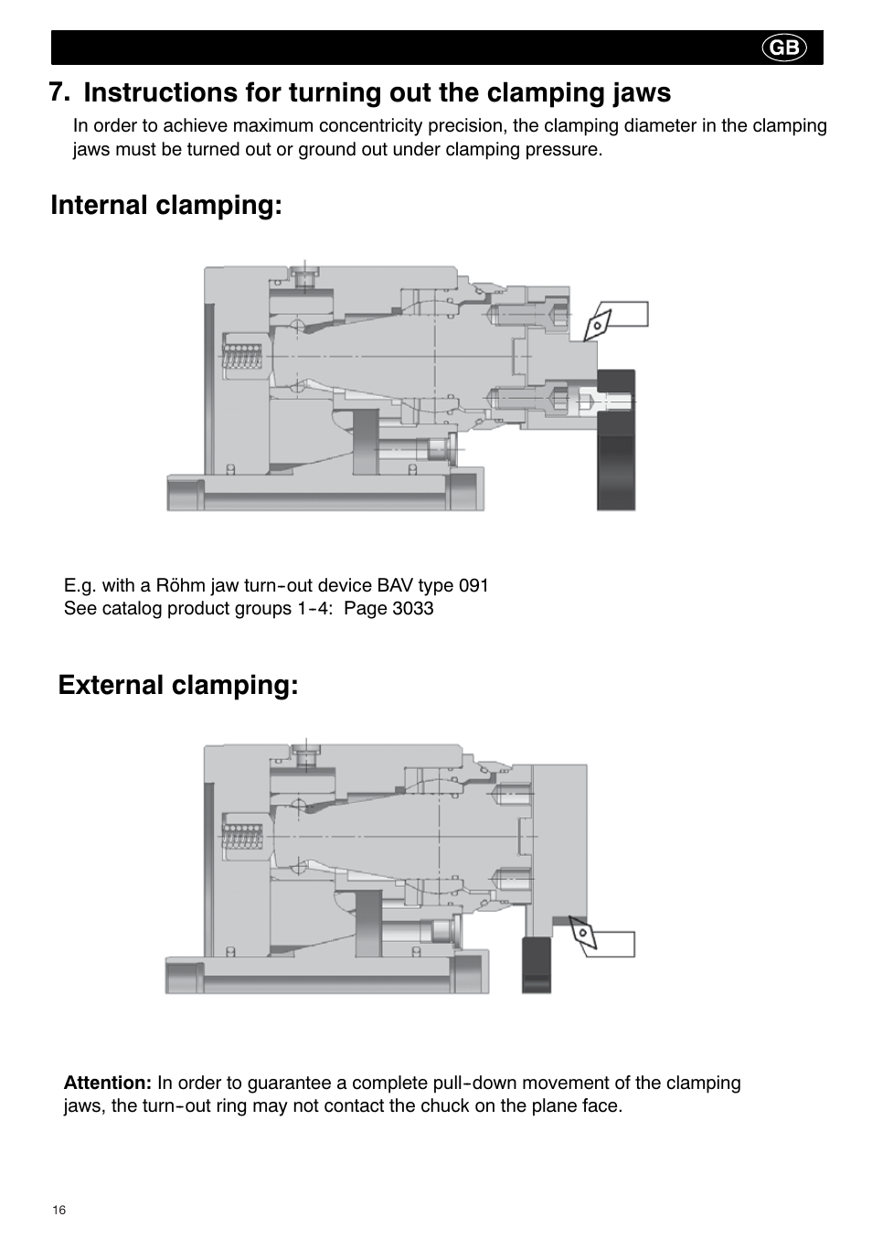 Instructions for turning out the clamping jaws, Internal clamping, External clamping | ROHM KBF-N - Power-operated ball lock draw-down chucks User Manual | Page 16 / 48