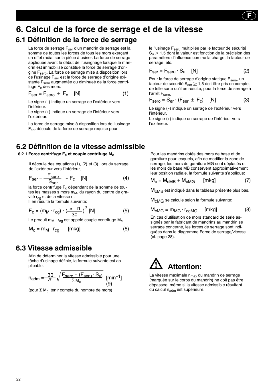 Calcul de la force de serrage et de la vitesse, 2 définition de la vitesse admissible, Attention | ROHM KBF-N - Power-operated ball lock draw-down chucks User Manual | Page 22 / 48