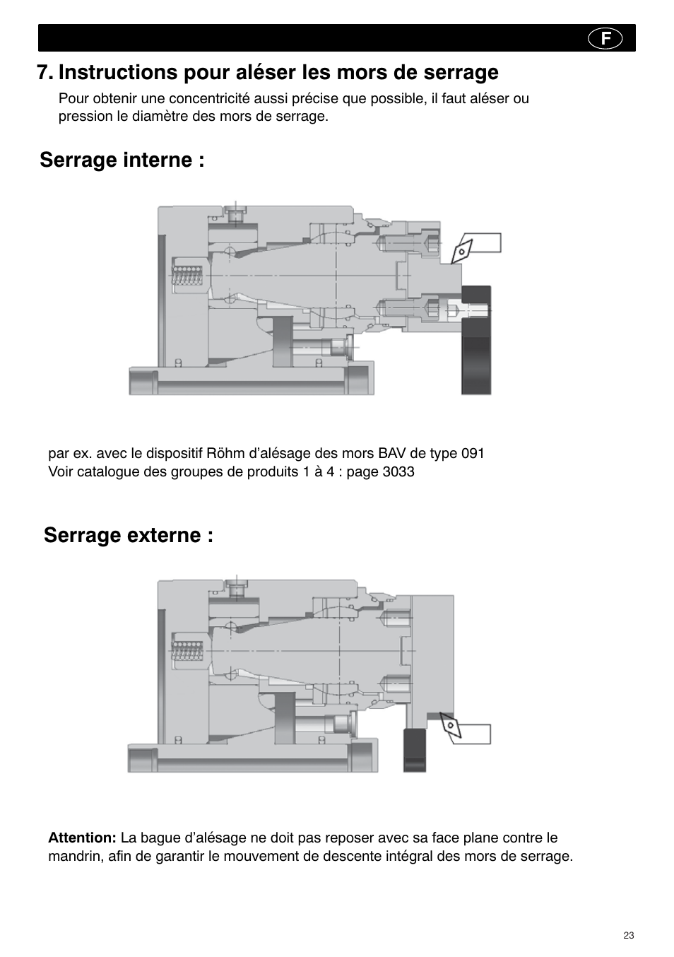 Instructions pour aléser les mors de serrage, Serrage interne : serrage externe | ROHM KBF-N - Power-operated ball lock draw-down chucks User Manual | Page 23 / 48